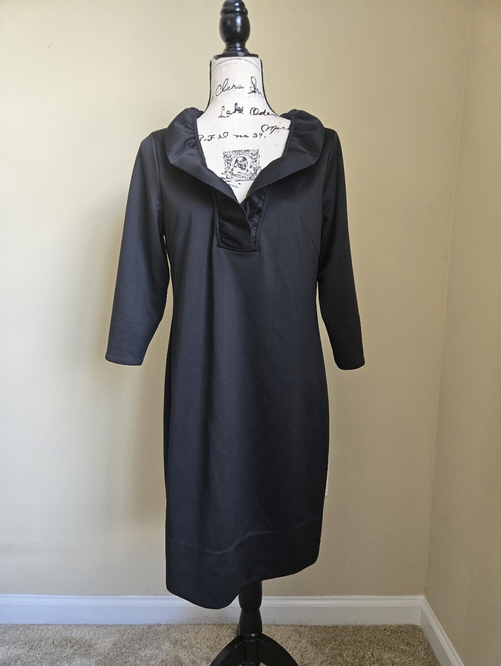 Gretchen Scott Ruffle Neck Dress Womens L Black 3/4 Sleeve